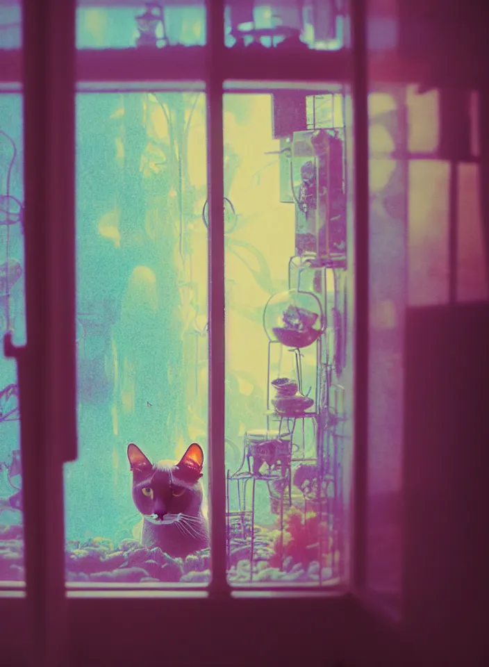 Image similar to telephoto 7 0 mm f / 2. 8 iso 2 0 0 photograph depicting the feeling of chrysalism in a cosy safe cluttered french sci - fi ( ( art nouveau ) ) cyberpunk apartment in a pastel dreamstate art cinema style. ( cat ) ( ( fish tank ) ), ambient light.