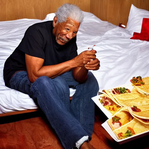 Image similar to morgan freeman laying on the bed eating tacos with raven on his side