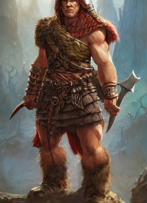 Image similar to short barbarian, ultra detailed fantasy, dndbeyond, bright, colourful, realistic, dnd character portrait, full body, pathfinder, pinterest, art by ralph horsley, dnd, rpg, lotr game design fanart by concept art, behance hd, artstation, deviantart, hdr render in unreal engine 5