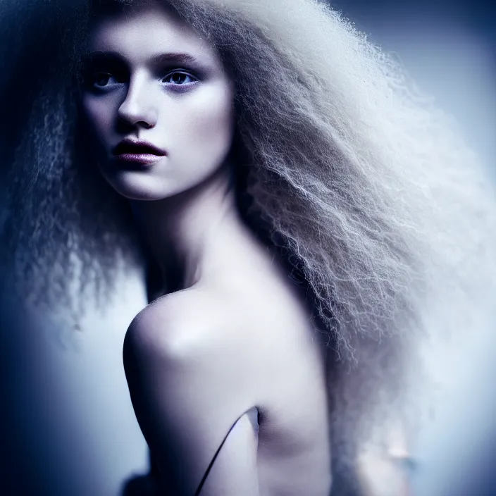 Image similar to photography of a beautiful woman with curly blond hair dressed in long white, fine art photography light painting in style of Paolo Roversi, professional studio lighting, volumetric lighting, dark background, hyper realistic photography, fashion magazine style