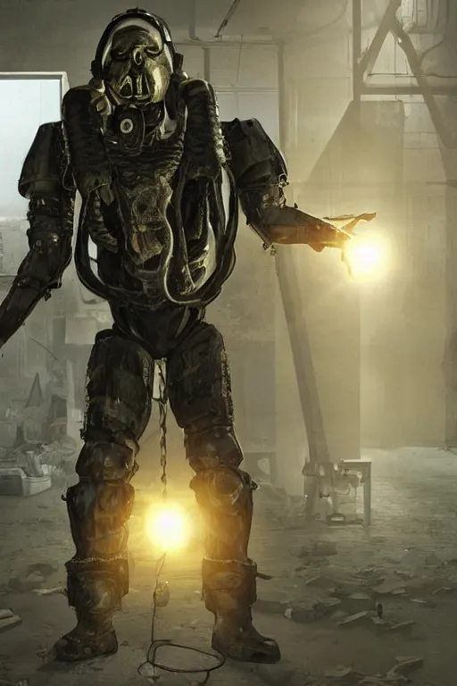 Image similar to a stalker in an exoskeleton with a detector in his hand from the game s.t.a.l.k.e.r stands next to a large translucent luminous sphere in an abandoned factory, realistic art