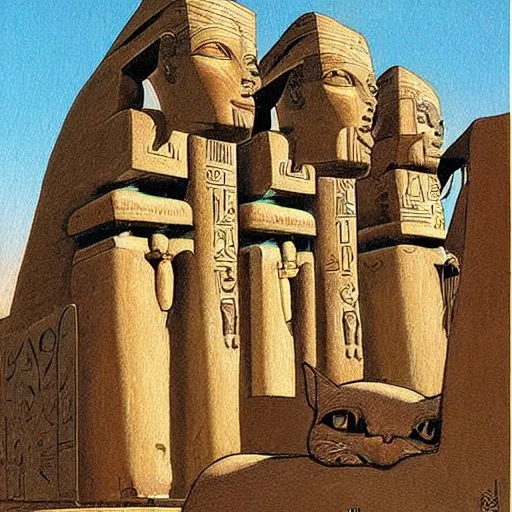 Prompt: a painting of an ancient egyptian temple in the shape of a cute cat by moebius