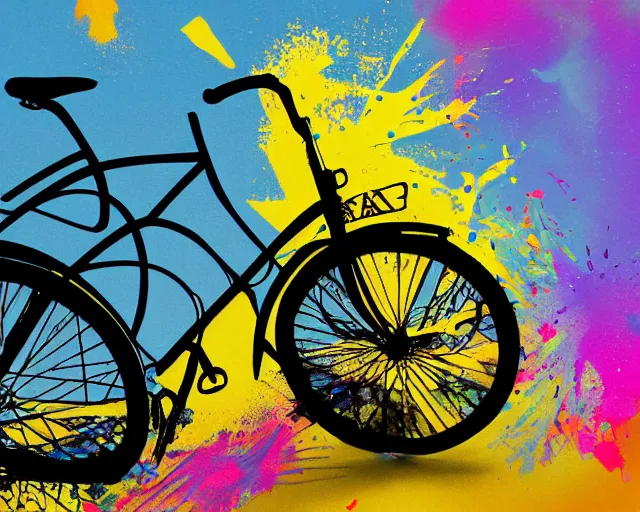 Image similar to a bicycle in front of a yellow background. paint splashes, outrun, vaporware, shaded flat illustration, digital art, trending on artstation, highly detailed, fine detail, intricate