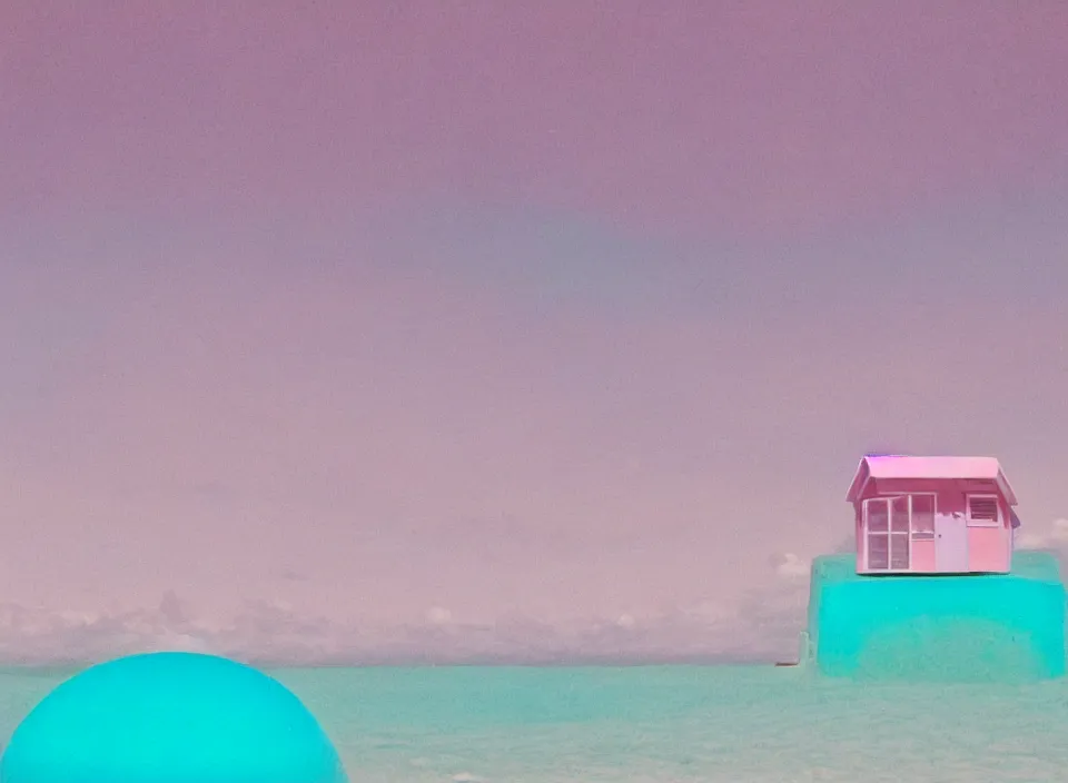 Prompt: a pastel coloured vintage family holiday photo of an empty beach from an alien dreamstate world with chalky pink iridescent!! sand, reflective lavender ocean water, dim bioluminescent plant life and an igloo shaped shiny plastic transparent restaurant next to a looking point. glare. refraction, volumetric light.