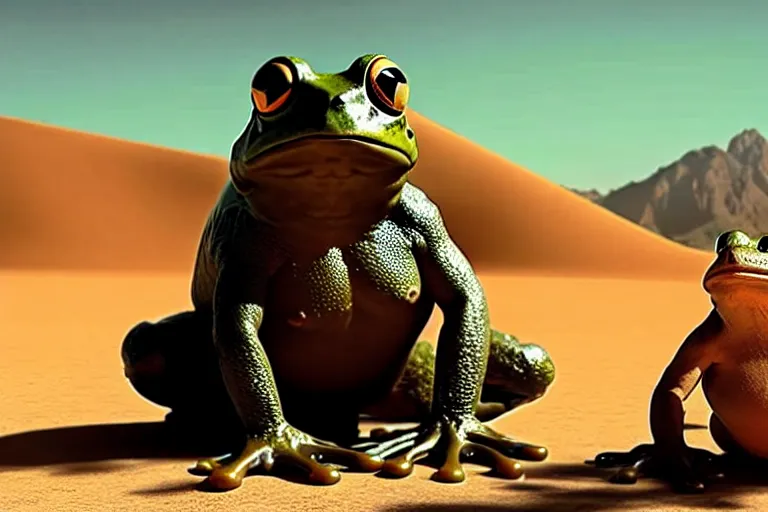 Prompt: a giant frog sitting with mike tyson in the desert, mike tyson with a toad, movie directed by martin scorsese and christopher nolan, masterpiece, 8 h