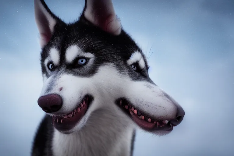 Prompt: a scenic photograph of a very scary! husky looking away from the camera. bright red eyes. the whole husky is visible in frame. anatomically correct husky. polar setting, wasteland background, ominous sky. octane render, extreme detail, super symmetrical photograph, 8 k
