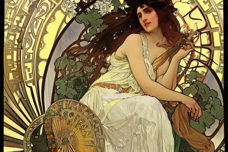 Image similar to monica lewinski as the greek goddess of second chances, painting by alphonse mucha