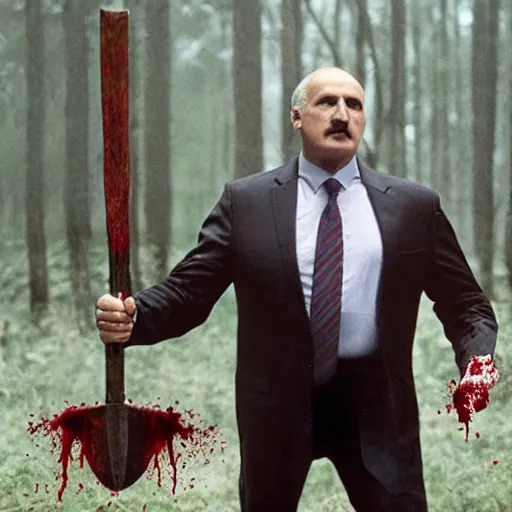 Image similar to Alexander Lukashenko as the American Psycho, staring psychopathically, sweating hard, holding an axe, covered in blood, cinematic still
