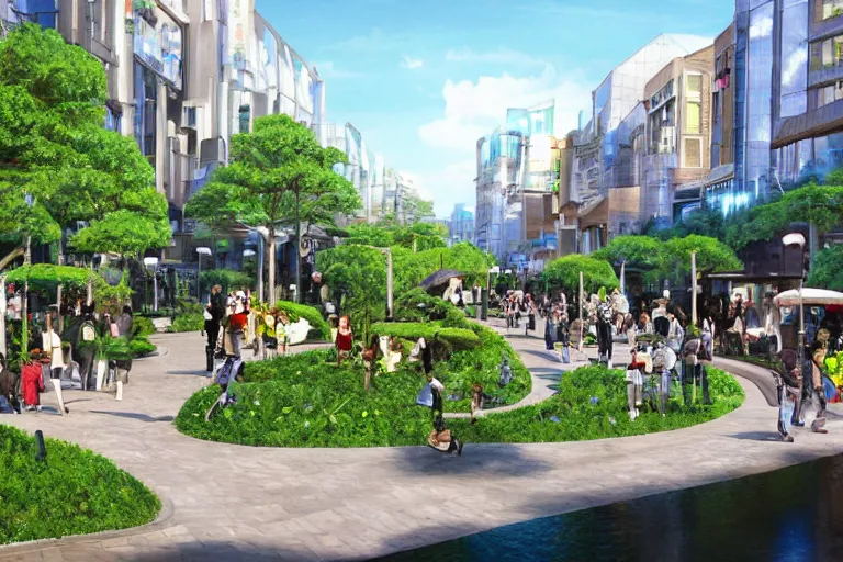 Image similar to an optimistic futuristic pedestrian mall with landscaped streams, idyllic crossing bridges and pop motifs, by ghibli, also cannabis