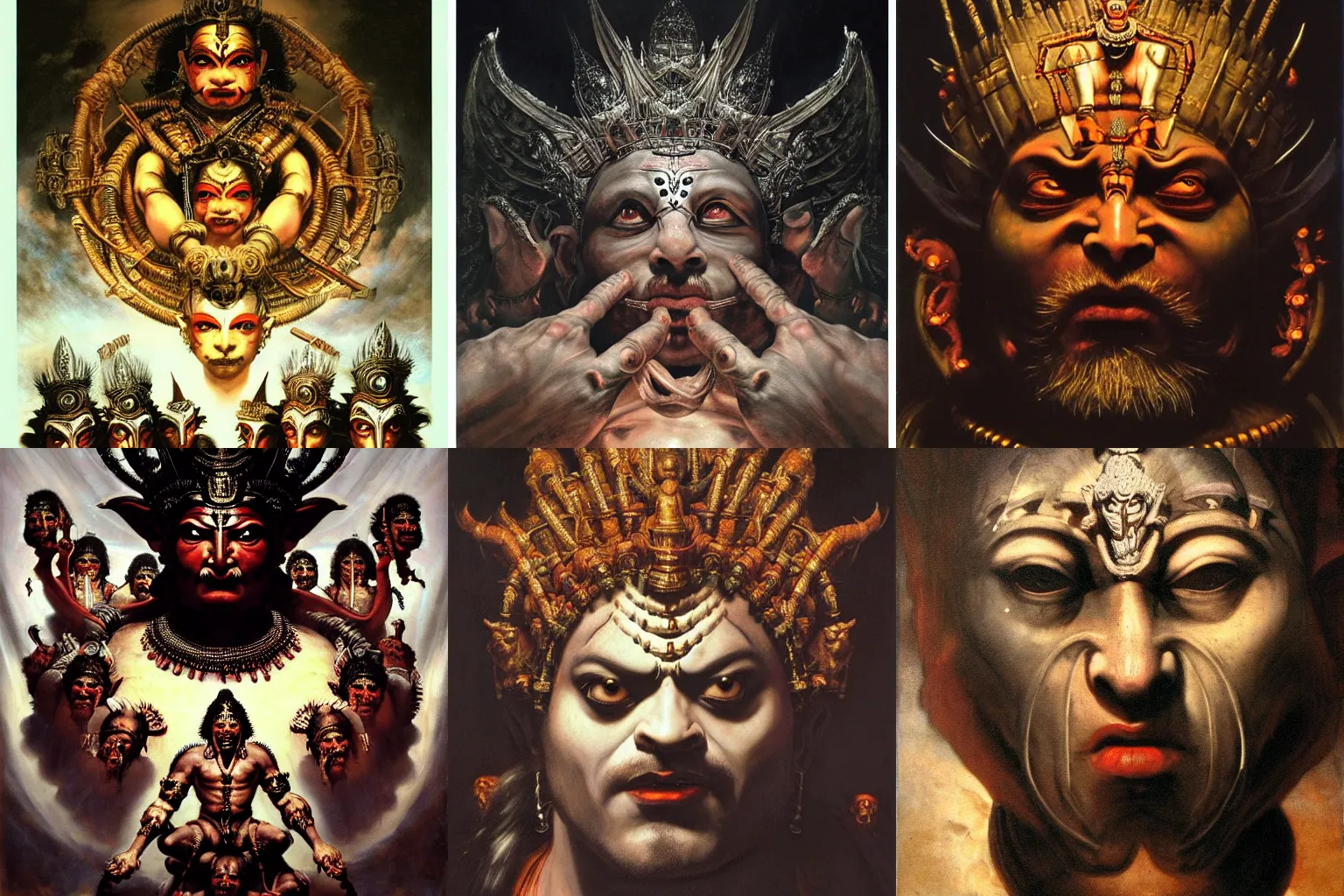 Prompt: a beautiful cinematic masterpiece gothic portrait of mystical gothic colossal asura king ravan with ten heads from ramayan, by caravaggio, by rembrandt, by wayne barlowe, by greg rutkowski, oil on canvas, masterpiece, trending on artstation, featured on pixiv, cinematic composition, brilliant lighting, sharp, hyper - detailed, no frames, hd, 8 k