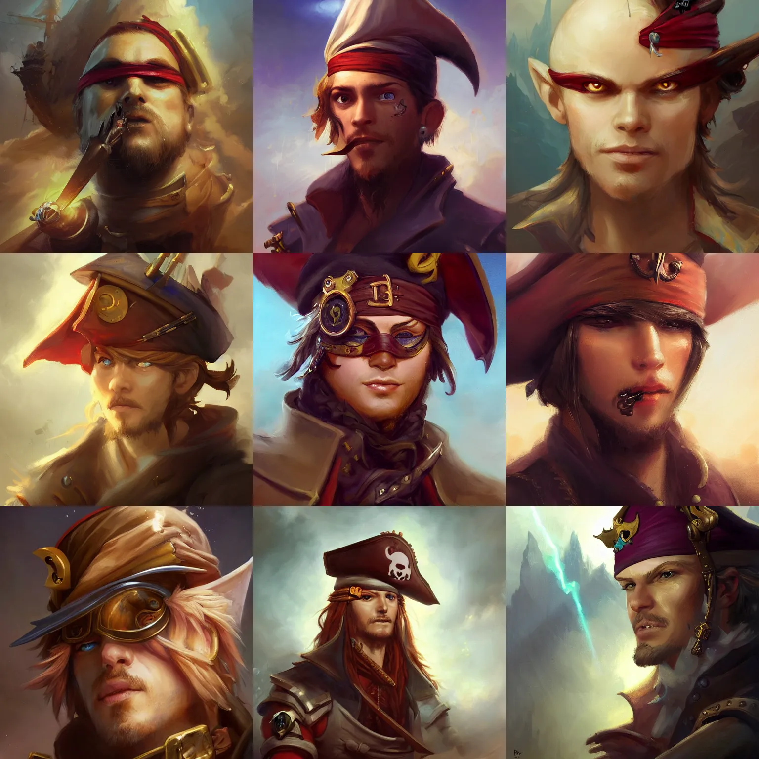 Prompt: A high fantasy young pirate captain with eyepatch on a ship, by Peter Mohrbacher and Craig Mullins, face close up, official media, beautiful, detailed, high quality, wallpaper 4K, epic, trending on artstation and behance, dynamic lightning