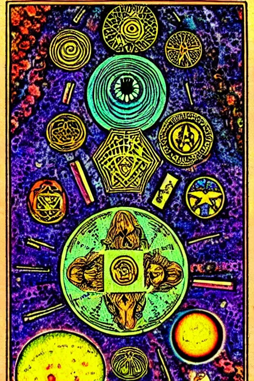 Image similar to a tarot card that reads lsd is good, psychedelic, old, paper texture, da vinci code, geometry, mushrooms