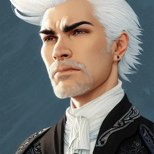 Image similar to man with white hair profile, dark circles, tired, unreal engine, Disney, intricate, elegant, highly detailed, digital art, art by JC Leyendecker and sachin teng