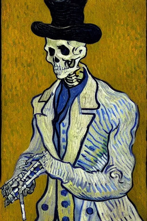 Image similar to 4k detailed painting by Van Gogh of a skeleton sailor (skeleton dressed like 19th century sailor in heavy wool coat, loose tie, shirt, and crooked crumpled hat, smoking cigarette), white and blue skeleton on a yellow background