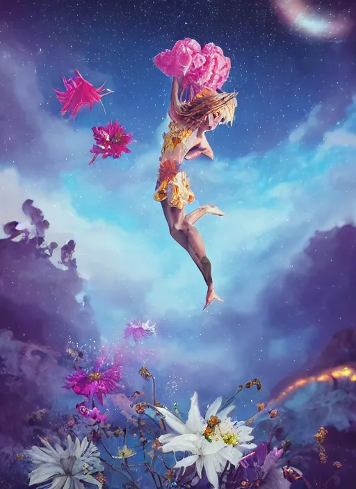 Image similar to An epic fantastic realism comic book style painting of the most beautiful twirling flowers launched across the dark and starry sky, bouquets, fisheye lens, unreal 5, DAZ, hyperrealistic, octane render, dynamic lighting