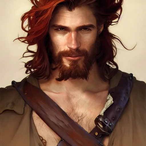Prompt: portrait of a young ruggedly handsome but joyful pirate, male, masculine, upper body, red hair, long hair, d & d, fantasy, piercing gaze, sharp features, intricate, elegant, highly detailed, digital painting, artstation, concept art, matte, sharp focus, illustration, art by artgerm and greg rutkowski and alphonse mucha