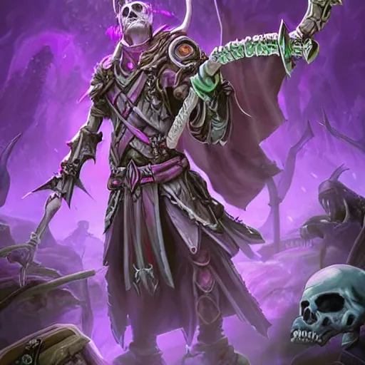 Prompt: a necromancer holding a bone staff calling an army of undead rising from the ground in the background, violet theme, hearthstone art style, epic fantasy style art, fantasy epic digital art, epic fantasy card game art
