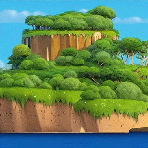 Image similar to an island floating in the air, the island is rocky and bare with some vegetation, waterfalls left from the island flowing into the sea, highly detailed, animated, lovely, dreamy, morandi colour scheme, strong light and shadow atmosphere, painted by ghibli