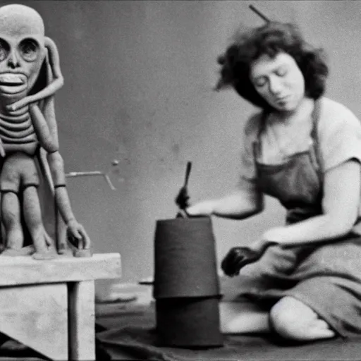 film still of a woman sculpting clay on a wheel with, Stable Diffusion