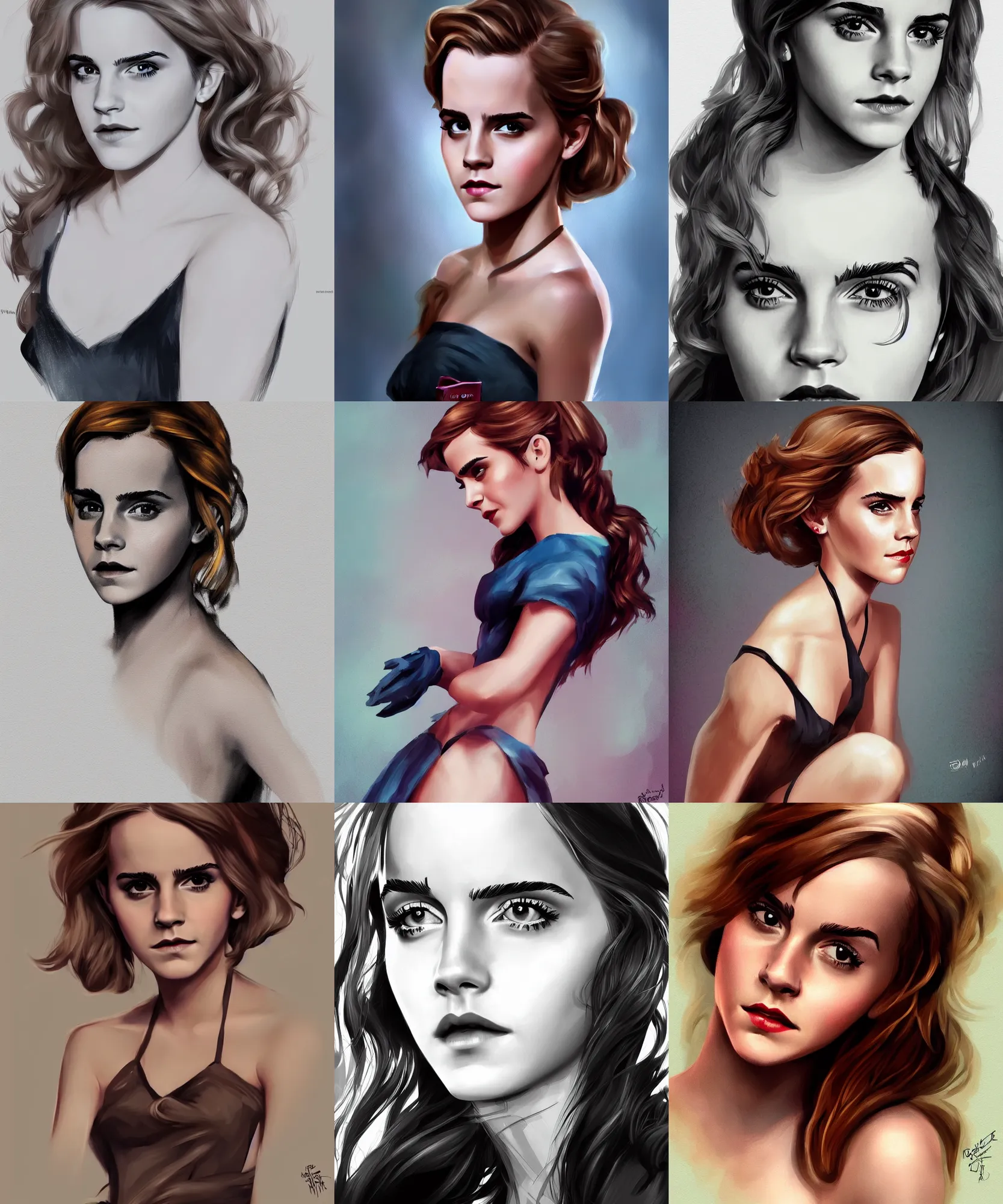 Image similar to emma watson in pinup style, elegant, digital painting, trends on artstation, concept art