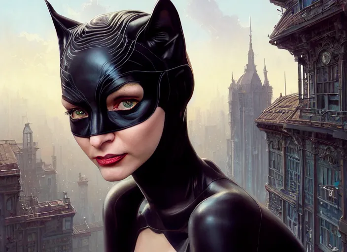 Image similar to highly detailed portrait of catwoman, stephen bliss, unreal engine, art by greg rutkowski, loish, rhads, ferdinand knab, makoto shinkai and lois van baarle, ilya kuvshinov, rossdraws, tom bagshaw, global illumination, radiant light, detailed and intricate environment