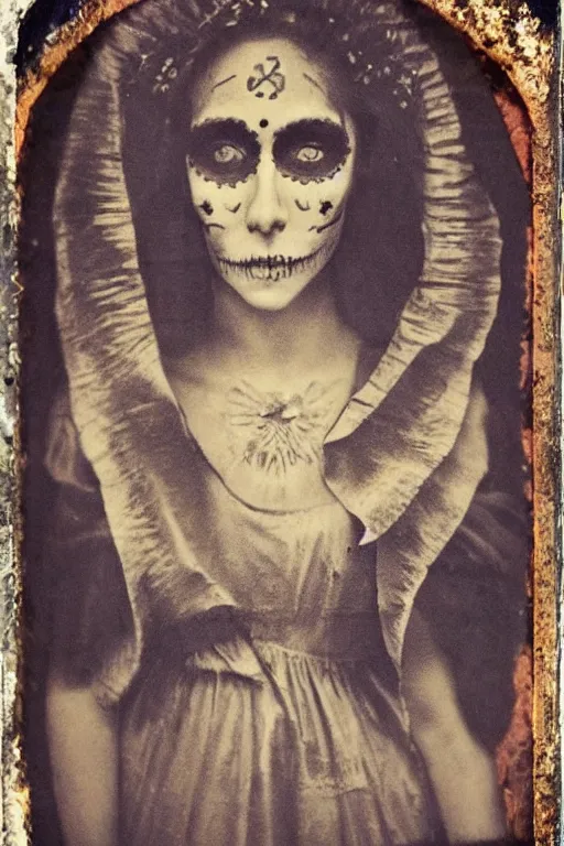 Image similar to tintype full body view, virgin mary in dia de muertos dress and make up, horrific beautiful vibe, evocative, atmospheric lighting, painted, intricate, highly detailed,