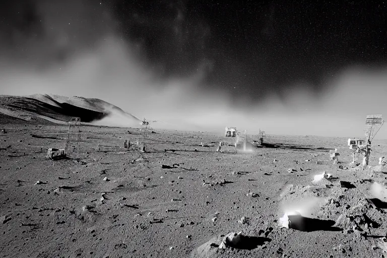 Image similar to a landscape photograph of a mining operation on the moon. plumes of dust are visible against the starry sky. stark contrast, vivid, award winning photography