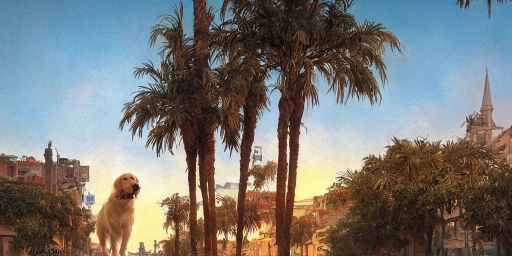 Image similar to golden retriever dog walking in tel aviv street looking at the camera. palm trees. realistic. sunset. high quality. digital art. watercolor. highly detailed. drawing. art. colorful. fluffy art by greg rutkowski and alphonse mucha