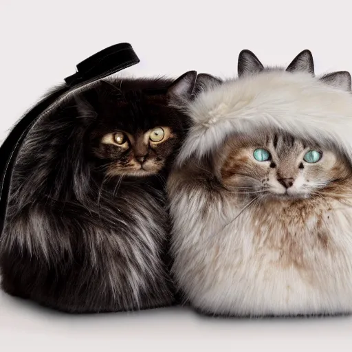 Image similar to a highly detailed photo of multiple furry cats inside a chanel bag, white background, studio lighting, 4 k, 8 k