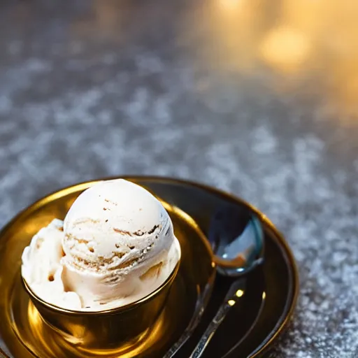 Image similar to ultra realistic photo of a cup of ice cream in golden cup with rich details and luxury plates