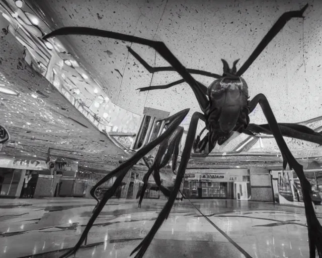 Image similar to camera footage of a giant Mantis in an abandoned shopping mall, high exposure, dark, monochrome, camera, grainy, CCTV, security camera footage, timestamp, zoomed in, fish-eye lense, Preying Mantis,