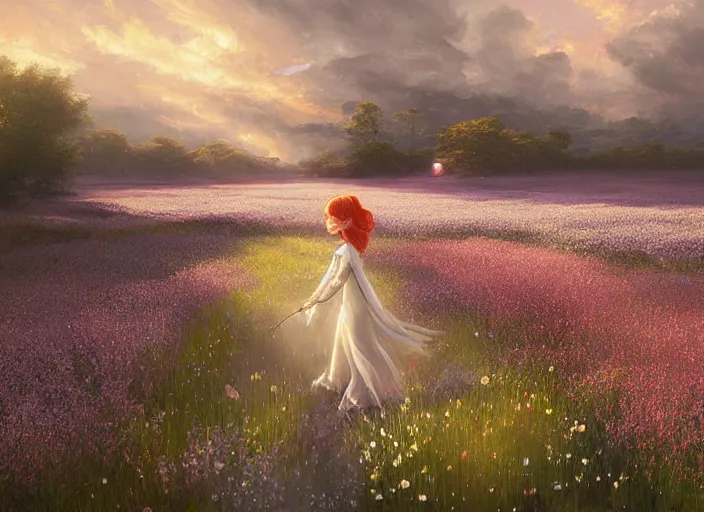 Image similar to a lone princess walks through a vast flower field in the cosmic sky by guweiz and peder mørk mønsted