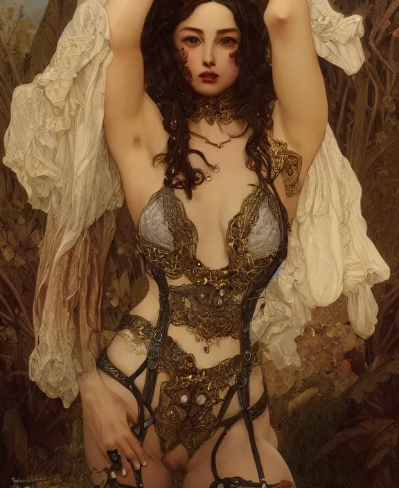 Prompt: the moon goddess, intricate and detailed lace set, suspenders, honey birdette, realistic renaissance portrait, highly detailed, digital painting, artstation, concept art, smooth, sharp focus, cinematic lighting, art by john collier, artgerm and greg rutkowski and alphonse mucha and jacques louis david