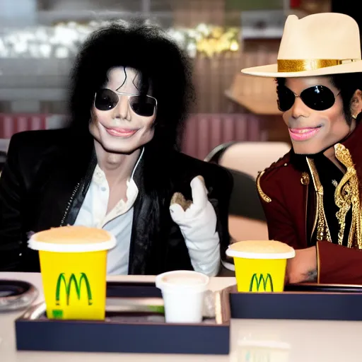 Image similar to Michael Jackson and Prince at a McDonald's having lunch, flash photography, Nikon D810, Sigma 85mm, award winning