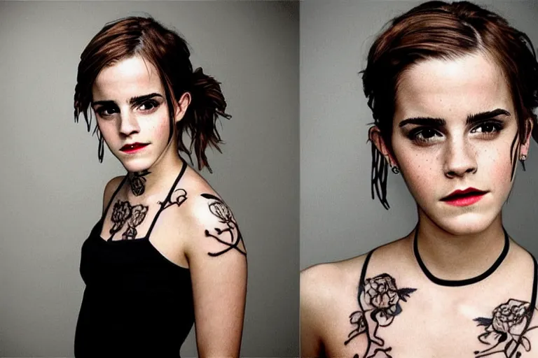 Image similar to emma watson, dope tattoo, hyperrealistic