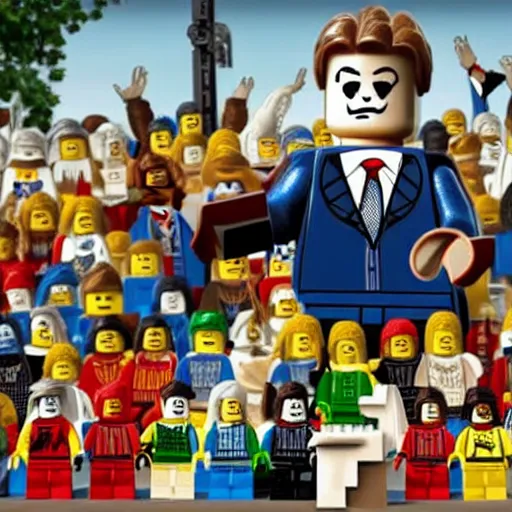 Image similar to a picture of a pastor preaching to his congregation, in the style of LEGO, standing behind a puplit highly detailed