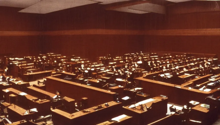 Image similar to full color still of a courtroom of law in the Meiji era Tokyo, 150mm lens by Akira Kurosawa, 1980 cinematography