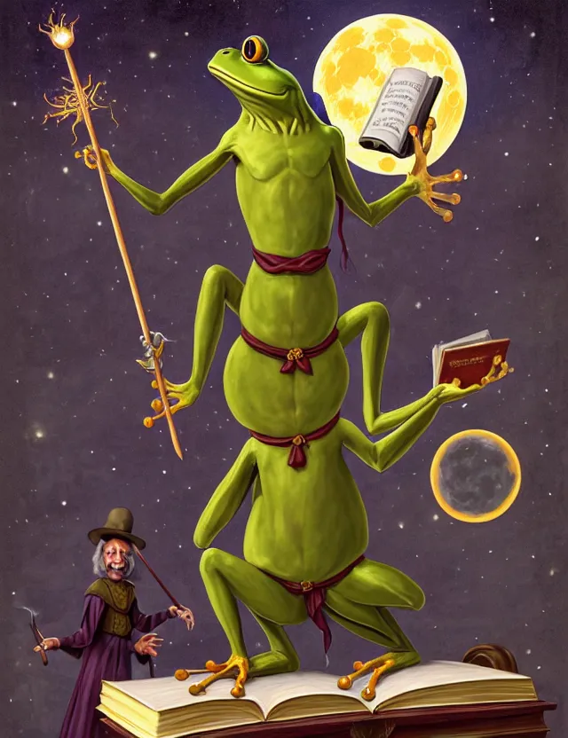 Prompt: anthropomorphic bipedal frog that is dressed as a medieval librarian, and holding a giant book in his hand, and holding a wand while casting a magic spell, as a matte oil painting and d & d character art, by alex grey, standing, fullbody, lunar, concept art, award - winning, extremely detailed, sharp focus