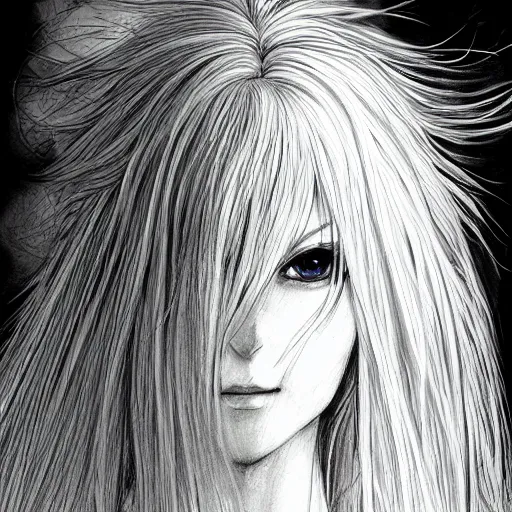 Image similar to a drawing of a woman with long white hair, a character portrait by yoshitaka amano, featured on pixiv, fantasy art, official art, androgynous, anime