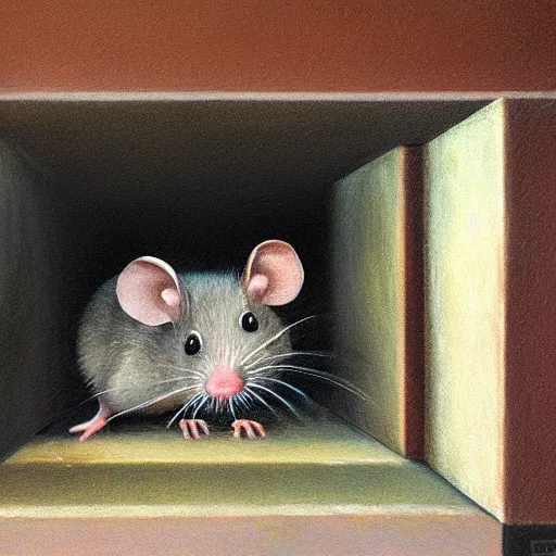 Prompt: A detailed shot of the interior of a mouse house in the wall, wide shot, hyperealism, oil painting