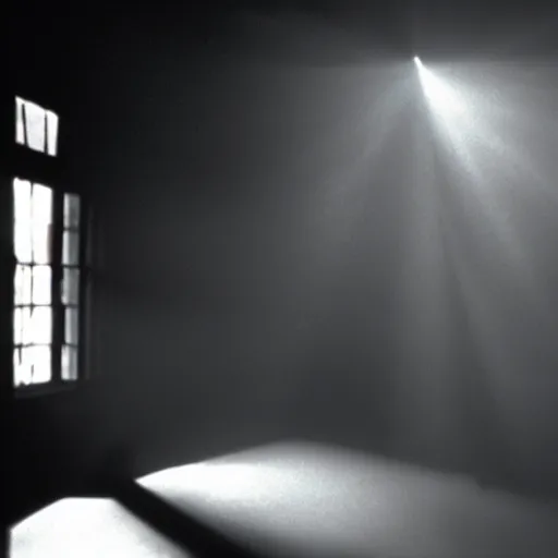 Prompt: volumetric fog in sunbeams entered through window in a dark basement, 1 9 9 0 film