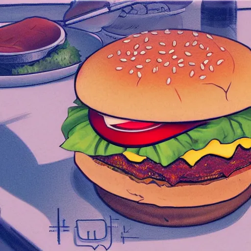 Prompt: a hamburger in an anime battle, drawing, cinematic,