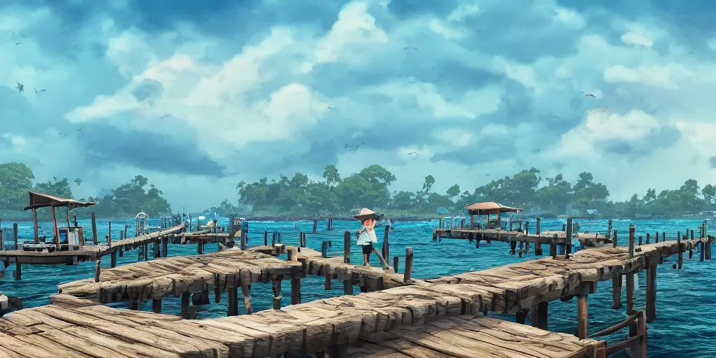 Prompt: pulau indah jetty fishing town in the morning, detailed matte painting, telephoto lens, bokeh, studio ghibli, artstation