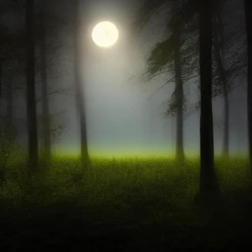 Prompt: Night, bright moon in the sky over a misty Forest, 4k