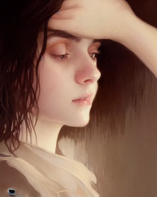 Image similar to portrait of a welsh teenage girl with brown hair, dark brown eyes, glowing skin, delicate features, quiet beauty, amelie poulain, fantasy, intricate, elegant, dress shirt, highly detailed, digital painting, artstation, concept art, smooth, sharp focus, illustration, art by Krenz Cushart and Artem Demura and alphonse mucha