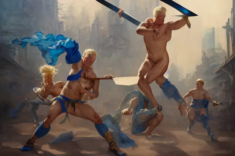 Image similar to a blond man in a blue suit with a sword fighting a bare chested asian gladiator, organic painting, sunny day, matte painting, bold shapes, hard edges, street art, trending on artstation, by huang guangjian, gil elvgren, ruan jia, randy vargas, greg rutkowski