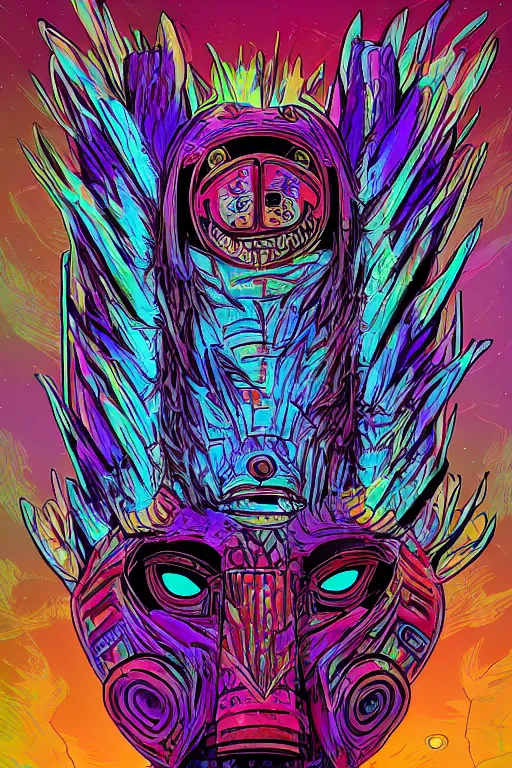 Image similar to totem animal tribal chaman vodoo mask feather gemstone plant wood rock video game illustration vivid color borderlands by josan gonzales and dan mumford radiating a glowing aura