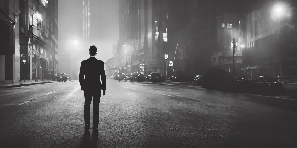 Prompt: man wearing a dark brown suit, neo noir, city, cinematic, dramatic lighting, atmospheric, 8 5 mm lens