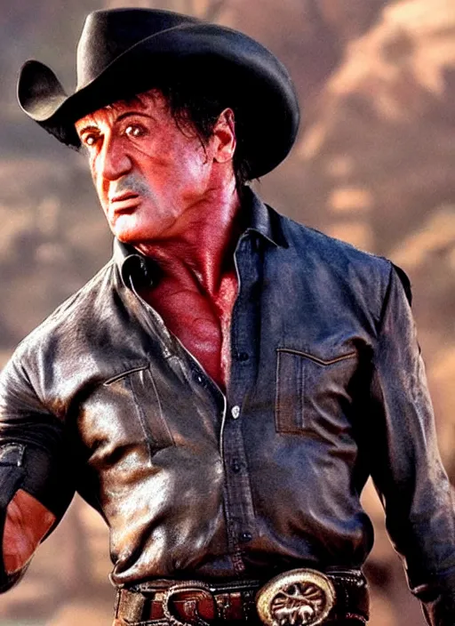 Prompt: an film still of sylvester stallone as cowboy, western background, unreal engine. amazing likeness. very detailed.