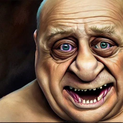 Image similar to hyperrealistic mixed media high resolution painting of Danny DeVito is Gollum, stunning 3d render inspired art by Jamie Salmon and István Sándorfi and Unreal Engine and Greg Rutkowski, perfect facial symmetry, dim volumetric lighting, 8k octane beautifully detailed render, full body shot, post-processing, extremely hyper-detailed, intricate, epic composition, highly detailed attributes, highly detailed atmosphere, cinematic lighting, masterpiece, trending on artstation, very very detailed, masterpiece, stunning, flawless completion, lifelike texture, perfection,